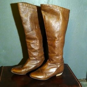 Over-the-knee Steve Madden brown leather boots, low stacked heel, Size 8